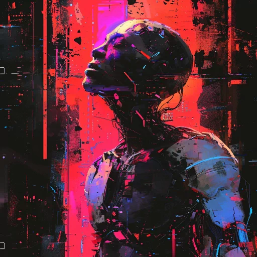 Digital art of a robot avatar with a futuristic design set against a vibrant red and blue background, perfect for a profile photo.