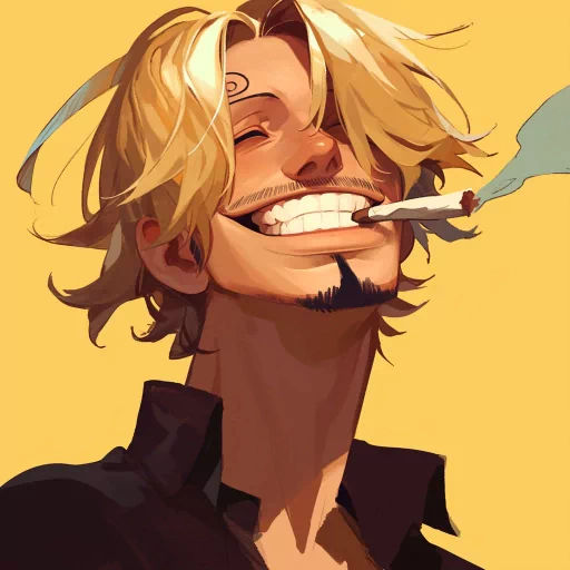 Illustration of a smiling blonde man with a cigarette, used as a stylish avatar for social media profiles, reminiscent of anime character aesthetics.