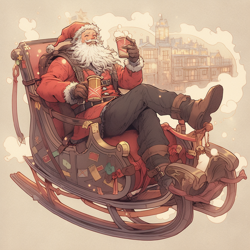 Santa Claus enjoying a festive drink on a sled