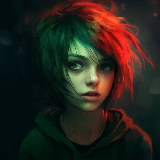 Alternative style portrait featuring vibrant red and green colors with an emo aesthetic.