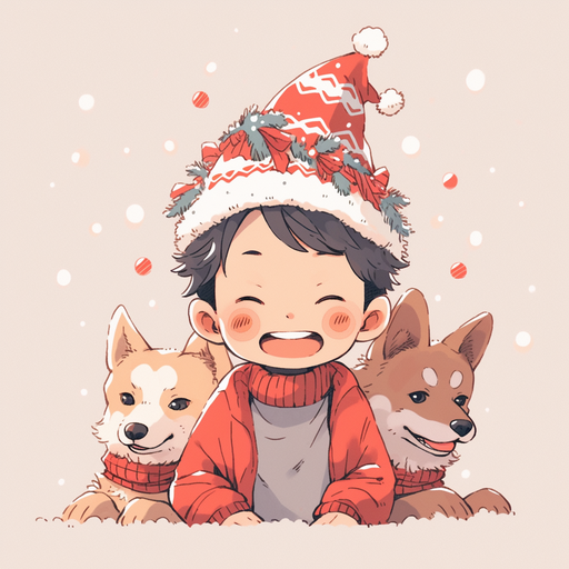 Boy with cat and dog wearing Christmas caps in a minimalist 3D style.
