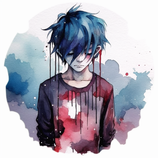 Watercolor depiction of an emo person with a sad expression.