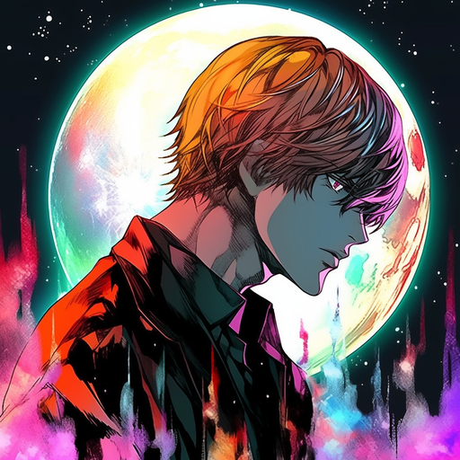 Epic portrait of Light Yagami against moonlit backdrop with vivid colors.