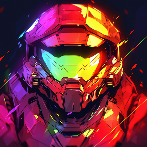 Anime-style depiction of Master Chief, the iconic character from the Halo series, with vibrant colors and unique design.