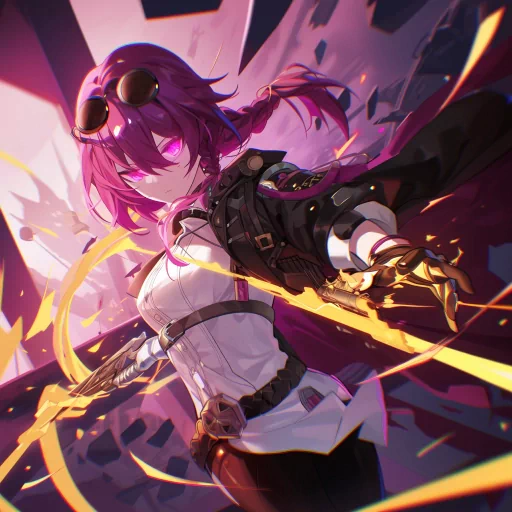 Stylized Kafka-inspired avatar with a dynamic anime character wielding a glowing blade, featuring intense purple and pink hues, suitable for a profile picture or personal icon.