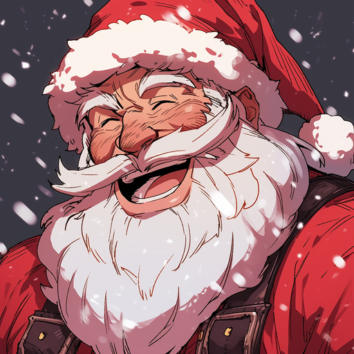 Anime-style depiction of a cheerful Santa Claus with a festive Christmas theme.