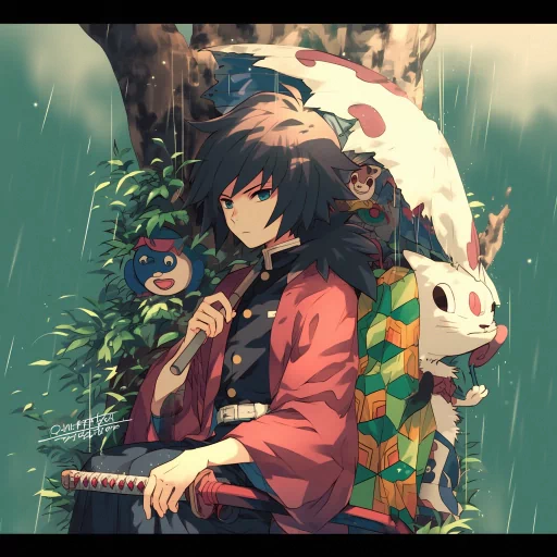 Illustrated profile picture of an anime character with dark hair in a red and green checkered kimono, holding a sword and surrounded by whimsical creatures, evoking a mystical atmosphere.