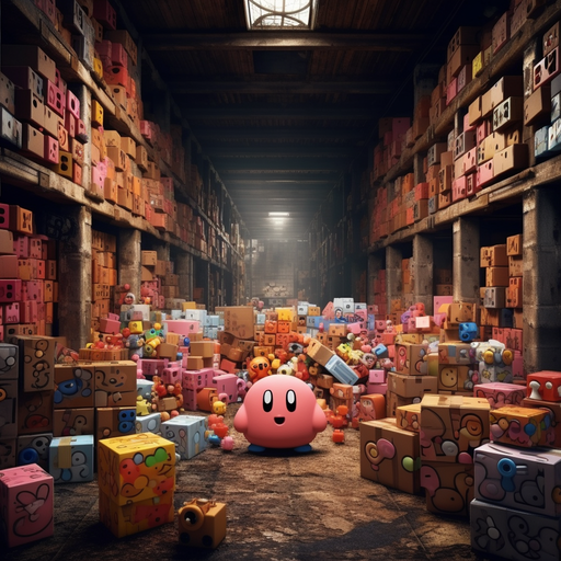 Kirby surrounded by boxes in a warehouse.