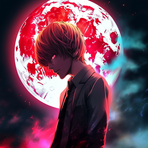 Light Yagami showcasing his vibrant hair against a vivid moonlit backdrop.