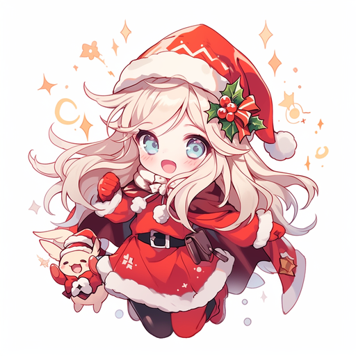 Chibi anime character in festive Christmas attire, looking cute and cheerful.