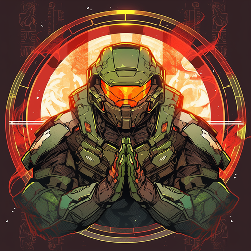 Master Chief in a stylized design with a vibrant color palette.
