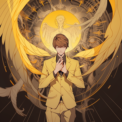 Golden portrait of Light Yagami, radiating brilliance and intensity.