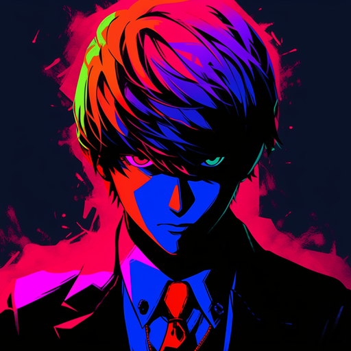 Pop art portrait of Light Yagami from Death Note, featuring bold colors and abstract brush strokes.