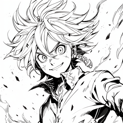 Meliodas, a character from The Seven Deadly Sins manga, portrayed in a black and white manga style.