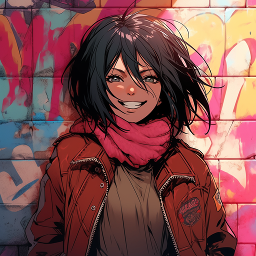Smiling Mikasa Ackerman with street art graffiti background.