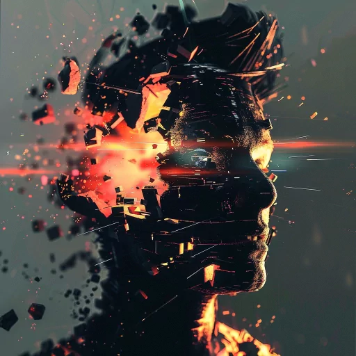 Digital art avatar of a man's profile with dynamic shattering effect and vibrant orange highlights, suitable for a profile picture or PFP.