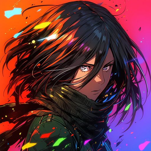 Fierce, dark-haired character with intense expression in vibrant colors.