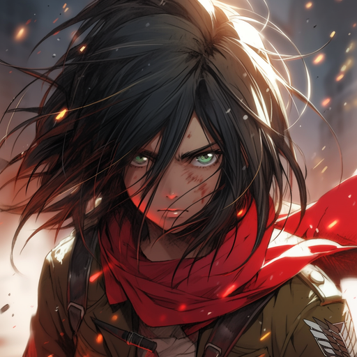 Intense and bold portrait of Mikasa with dark, vibrant hair, reflecting intense emotion.