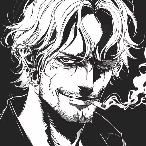 Black and white illustration of Sanji for a profile picture, featuring the One Piece character with a cigarette and a stylish smirk.