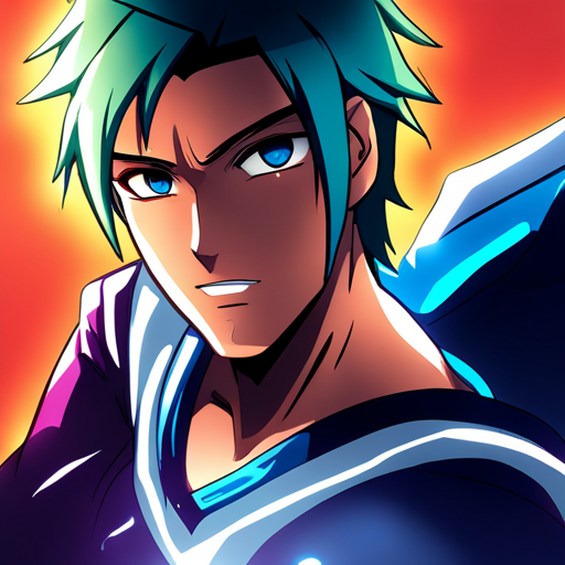 Vibrant, stylized anime character with a blue theme.