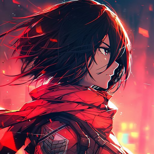 Digital artwork of a cyberpunk Mikasa character with vibrant colors and futuristic style.