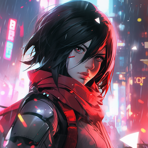 A futuristic cyberpunk style portrait of Mikasa.