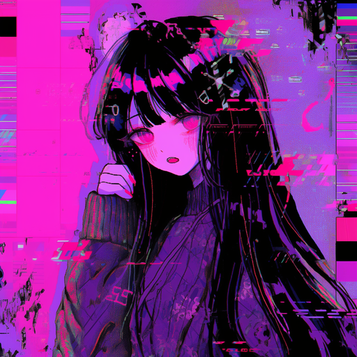 Gothic-inspired minimalist pfp with glitch effects in pink and purple tones.