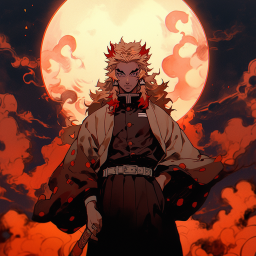 Kyojuro Rengoku, the demon slayer, standing on a high place in a colorful pfp.