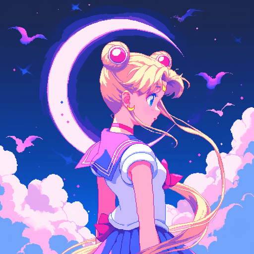 Sailor Moon-inspired pixel art featuring retro animation style.