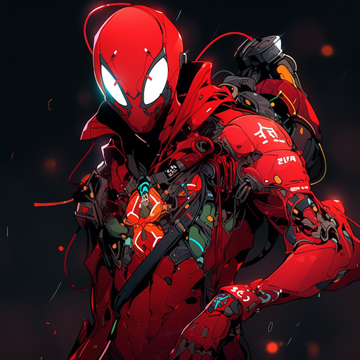 Spider-Man in red cyberpunk robotic suit, appearing futuristic and cool.