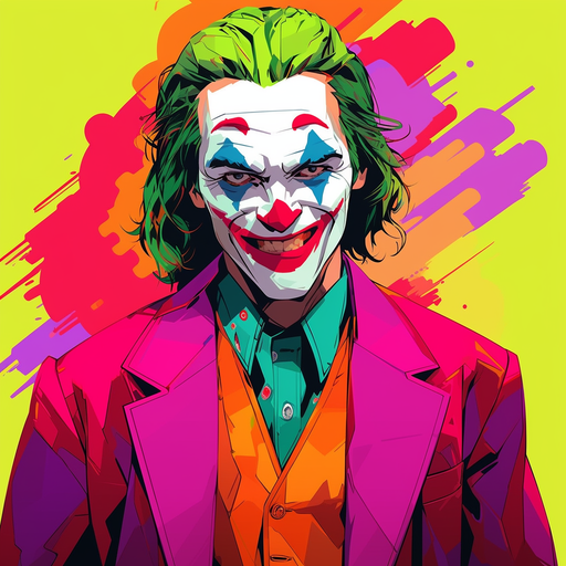 Colorful portrait of Joker wearing vibrant pop art makeup, with a dynamic and expressive expression.