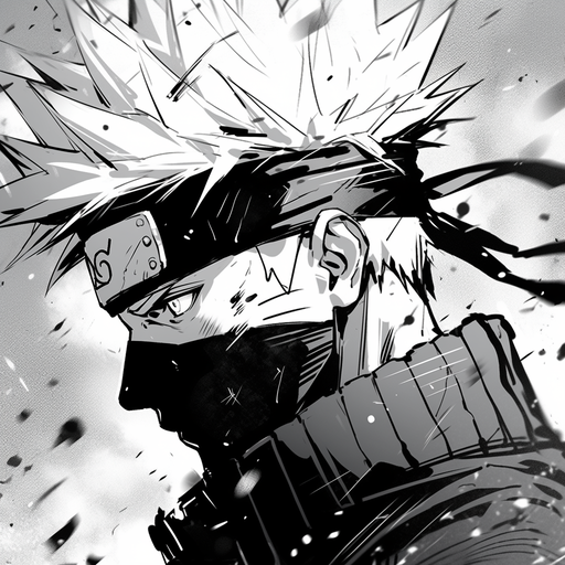 Kakashi Hatake, Naruto Shippuden character with epic black and white portrait.