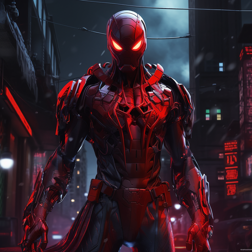 Spiderman in a red cyberpunk suit against a backdrop of matte colors.