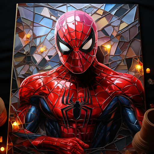 Spiderman in a red suit with a glass painting effect.