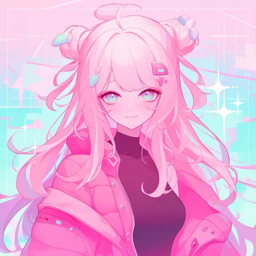 Pink-themed anime avatar with a smiling girl featuring long pink hair and digital cityscape background for a profile photo.