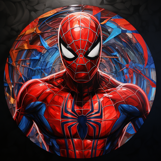 Spiderman wearing a vibrant red suit posing in front of a glass painting.