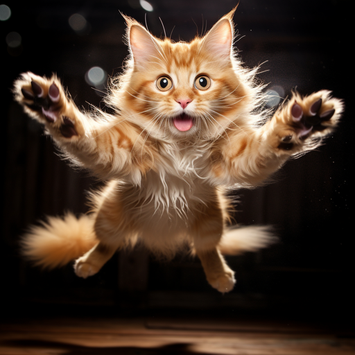 Playful cat mid-air, leaping with joy.