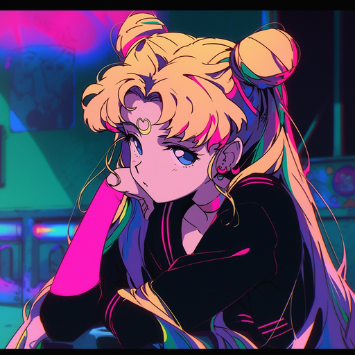 Sailor Moon pfp in 90s anime style with an aesthetic blacklight effect.