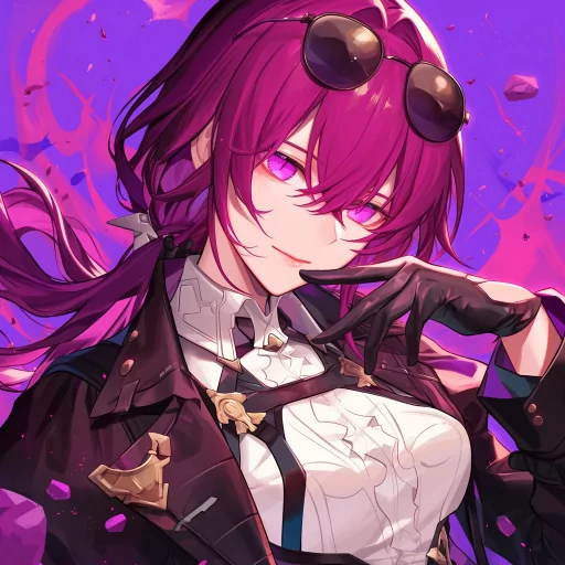 Stylish Kafka-themed anime avatar with a character sporting purple hair and sunglasses, set against a vibrant pink and purple background for use as a profile picture or PFP.