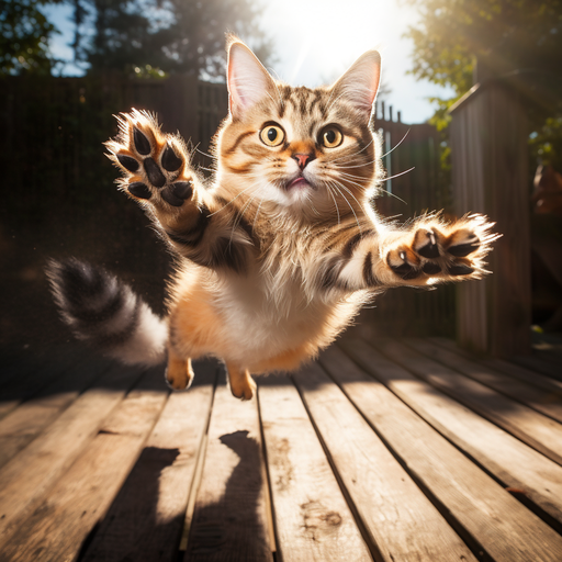 Playful cat mid-air, leaping with a mischievous smile.