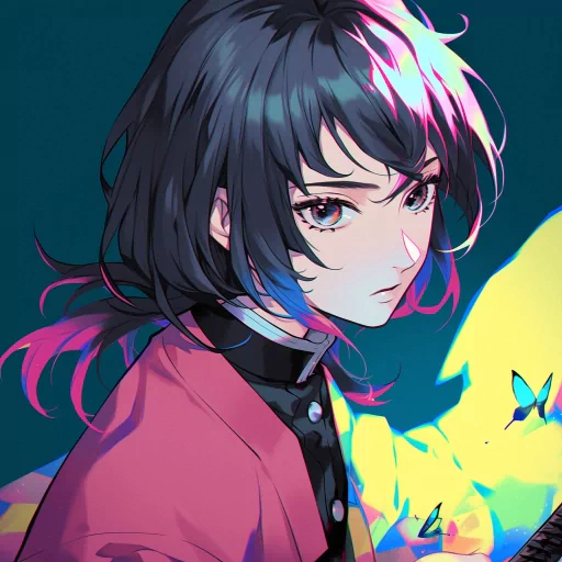 Anime-style avatar featuring a character with dark hair, a hint of pink highlights, intense eyes, and wearing a red jacket, set against a vibrant blue background with yellow flame-like elements.