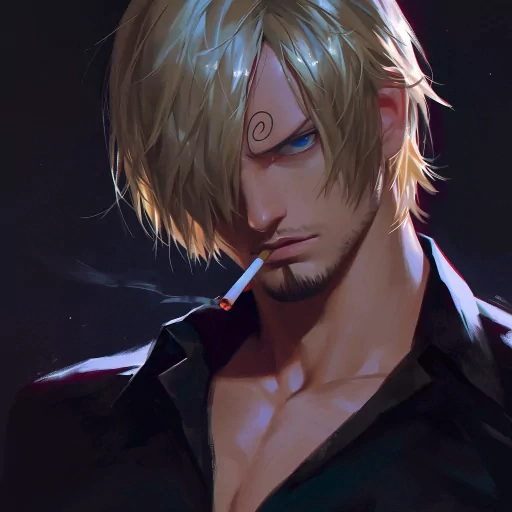 Illustrated profile picture of a male avatar with blond hair and a cigarette, representing Sanji, in dark, moody lighting for use as a profile picture or avatar.