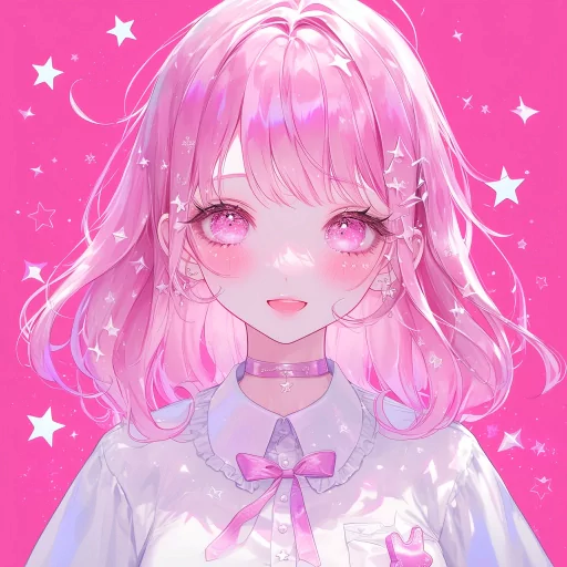 Anime-style avatar with pink hues, featuring a character with sparkling pink eyes and star accents for a profile photo.