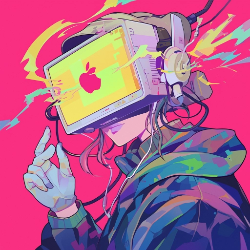 Stylized avatar of a person wearing a virtual reality headset with an Apple logo on the screen, set against a vibrant pink background.