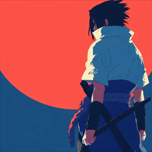 Stylized Sasuke Uchiha profile picture with a striking orange and blue background.