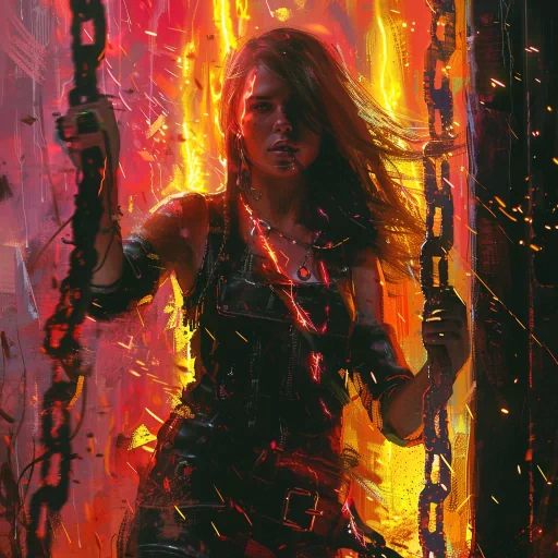 Female avatar with intense gaze against a fiery abstract background for a dynamic profile picture.