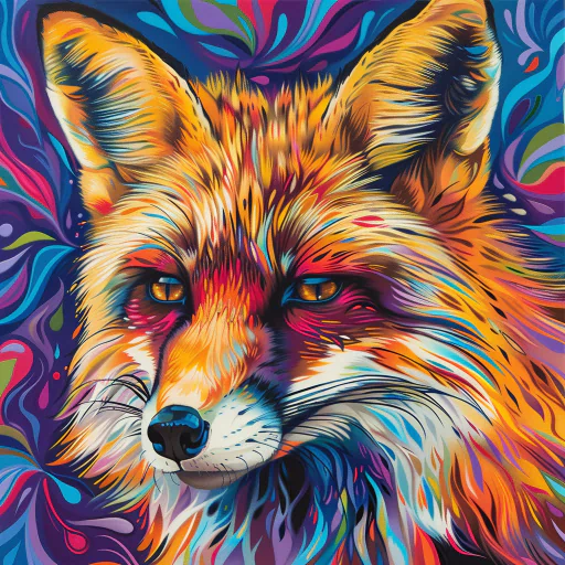 Colorful, stylized illustration of a fox's face with vibrant swirls as the background.