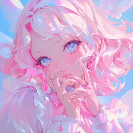 Pink-haired anime girl with blue eyes for a profile picture, featuring soft pastel colors and a dreamy aesthetic.