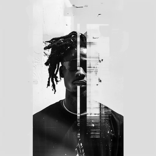 Artistic black and white glitch-effect profile photo inspired by hip hop aesthetics.