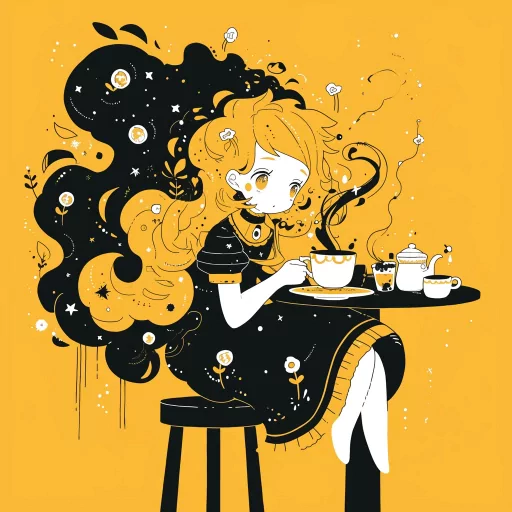 Anime girl avatar with cosmic hair theme sipping tea, set against a yellow background.